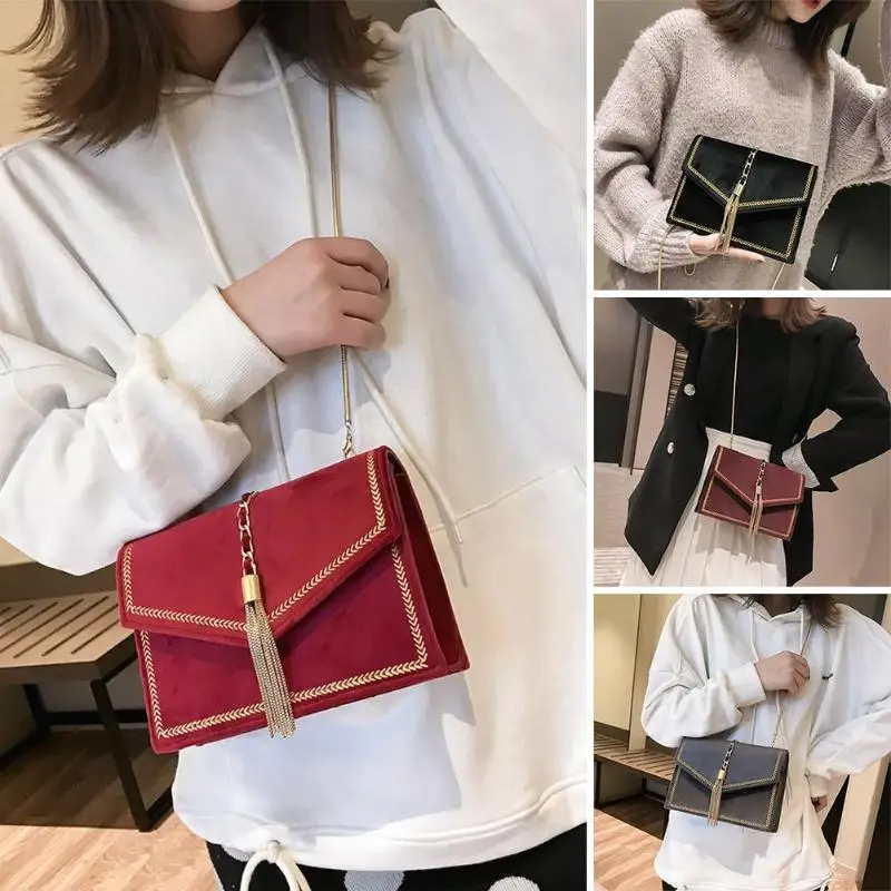 Клапаном сумка слинг Для женщин Velvet Chain кисточкой плеча Crossbody Сумки для дам деньги