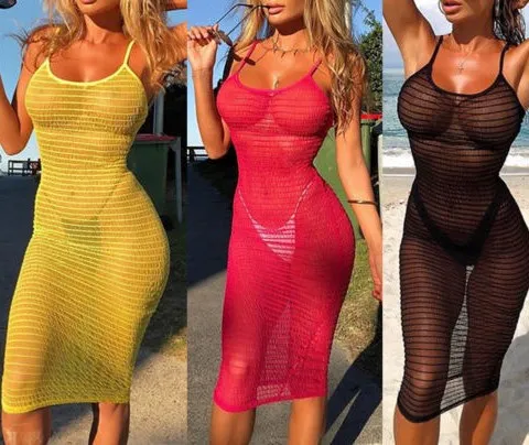 Модное женское бикини длинный кардиган Сетчатое летнее пляжное Прозрачное