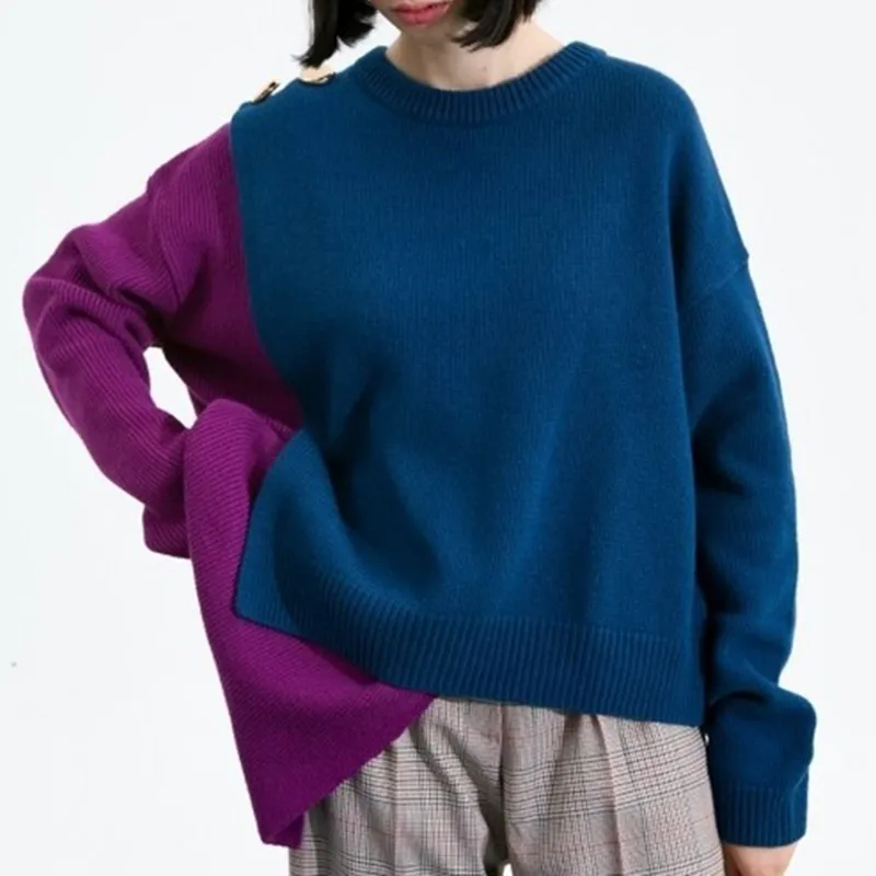 TWOTWINSTYLE нерегулярные хит Цвета Вязание пуловер Топы женские с круглым вырезом и