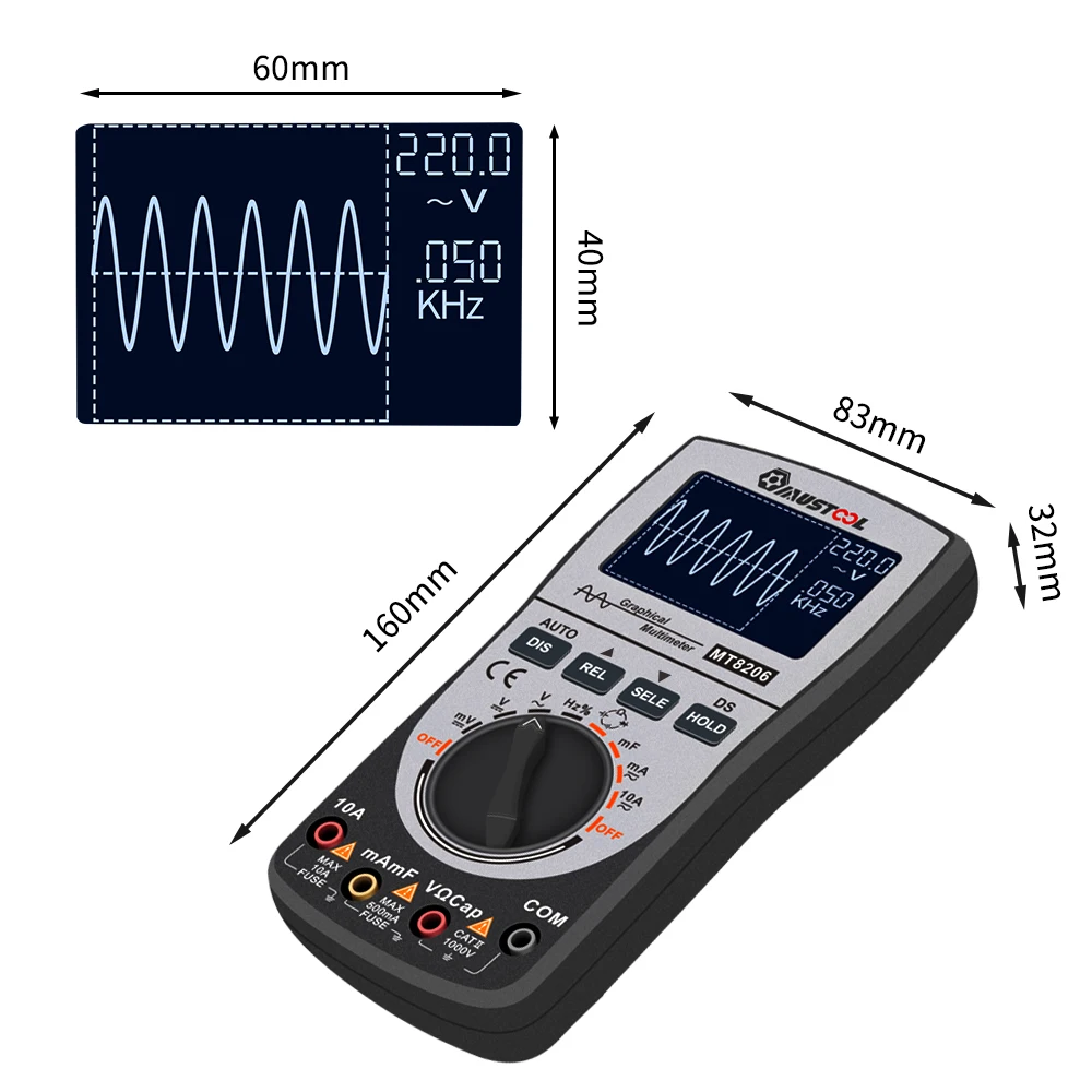 

Upgraded MUSTOOL MT8206 2 in 1 Intelligent Digital Oscilloscope Multimeter with Analog Bar Graph 200k High-speed A/D Sampling