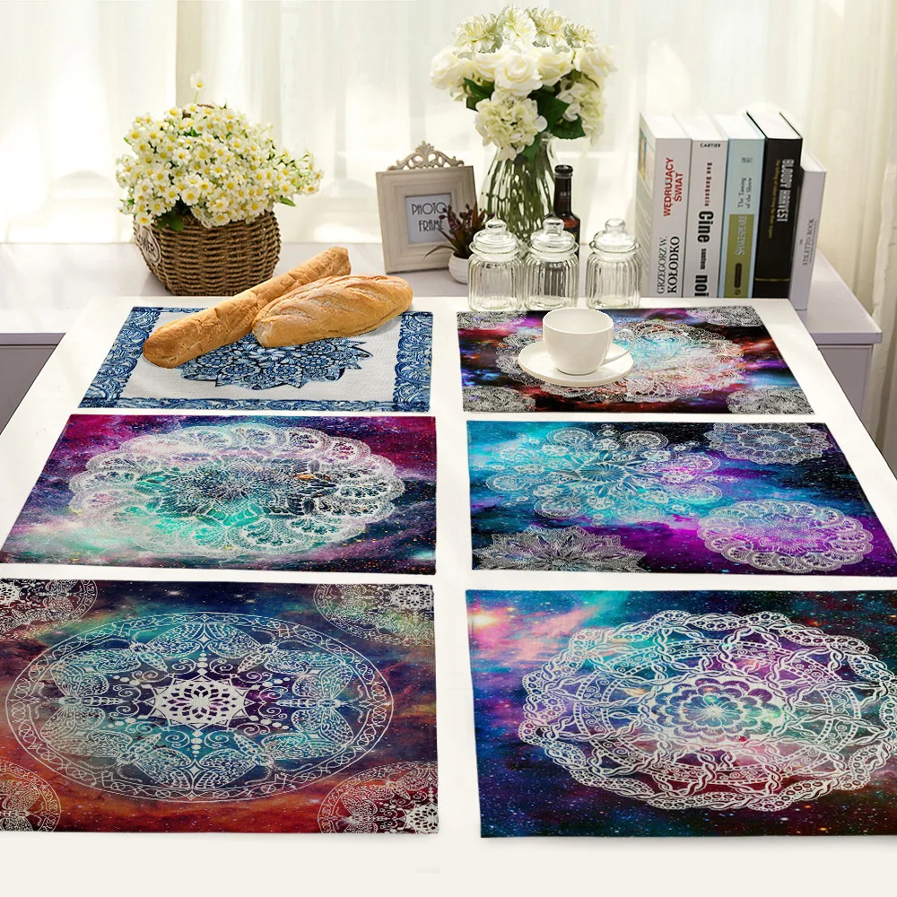 

Mandala Pattern Placemat Cotton Linen Blue And White Porcelain Print Coaster Tableware Insulation Mat Dining Table Decoration