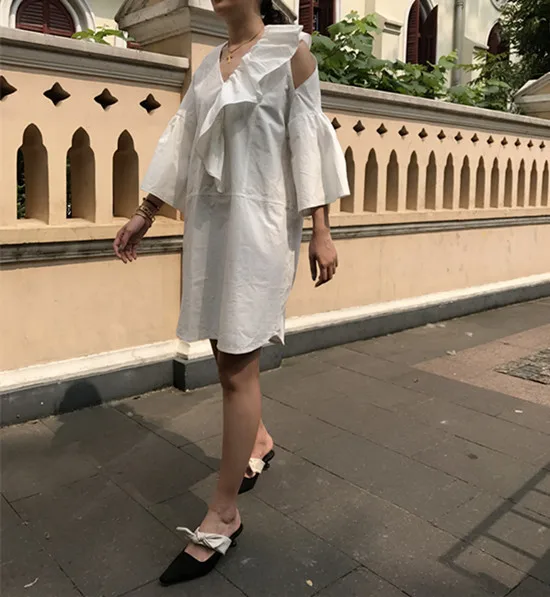 DEAT 2020 New Spring Fashion Women Clothing Casual Wrist Flare Sleeve Loose V-neck Splicing Shirt Dress Female Vestido ZA007600 | Женская