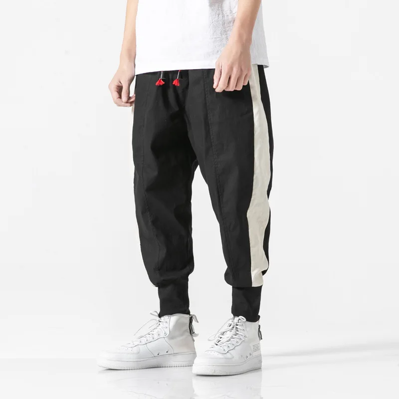 

#2545 Side White Striped Pencil Harem Pants Men Joggers Streetwear Thin Cotton Linen Pants Vintage Trousers Loose 5XL 2019Summer