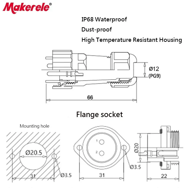 Водонепроницаемый соединитель IP68 штекер и гнездо с фланцем Авиационная вилка SP21