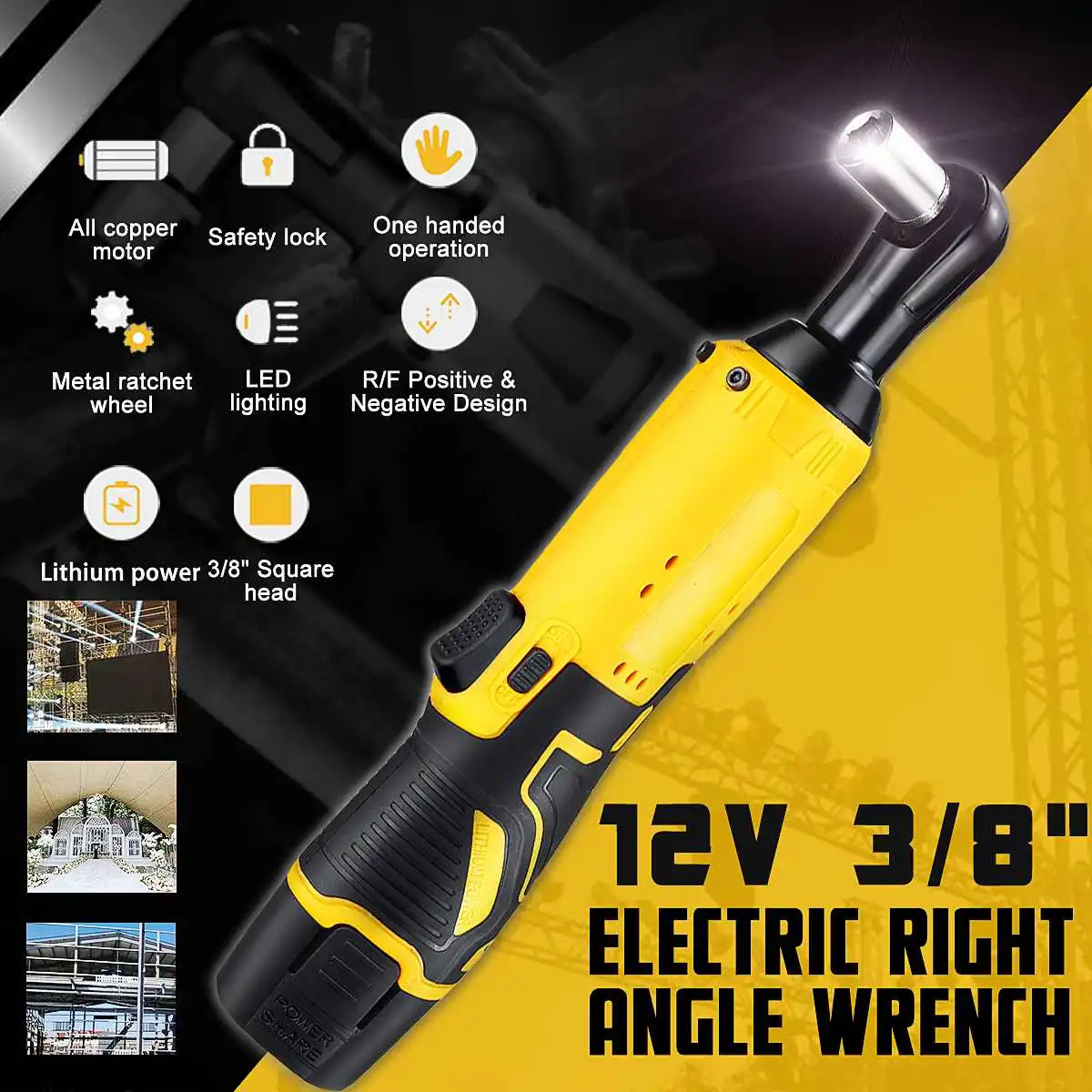 12V Портативный электрический беспроводной ключ 3/8 ''45N. m перезаряжаемый 1500mAh храповик 90 ° прямоугольный ключ набор электроинструментов