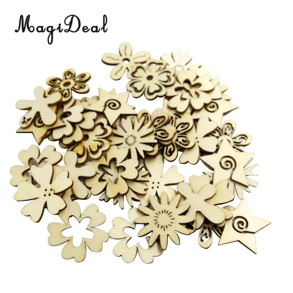 MagiDeal 50 Pieces Mixed Natural Wood Flower Shapes Embellishment Craft Scrap Booking Card Sign Making for Party Decor Favor | Дом и сад