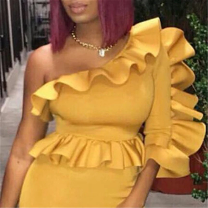 Женская блузка топы рубашки на одно плечо сексуальный Пеплум с оборками тонкие