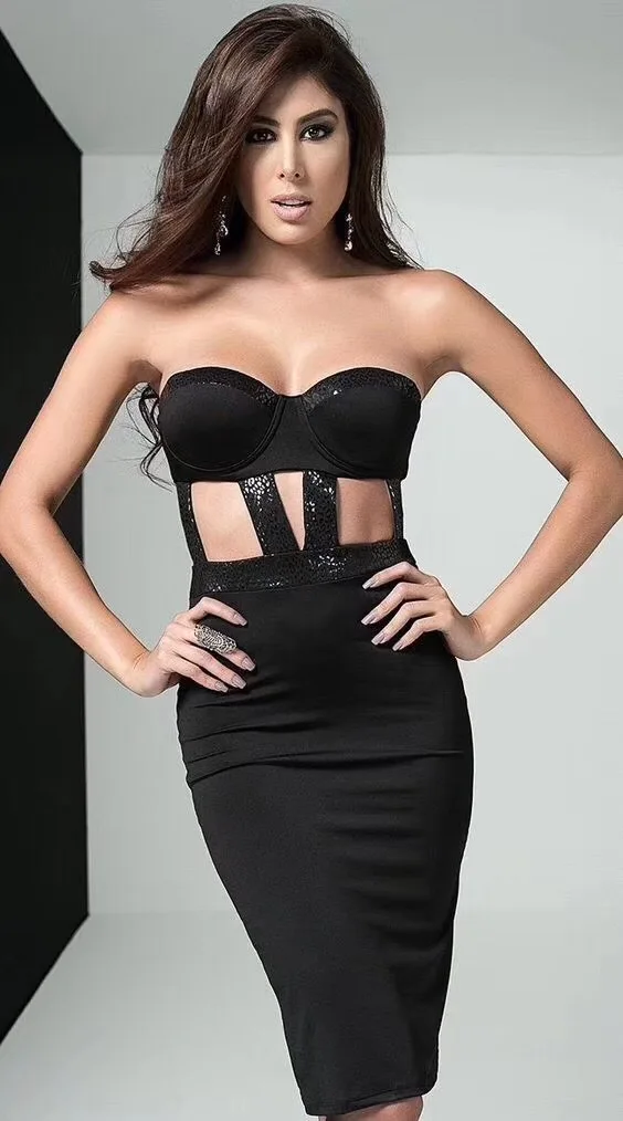 

Lady New Style Black Keyhole Strapless Rayon Bandage Dress Top Quality Evening Party Bodycon Dress Vestido