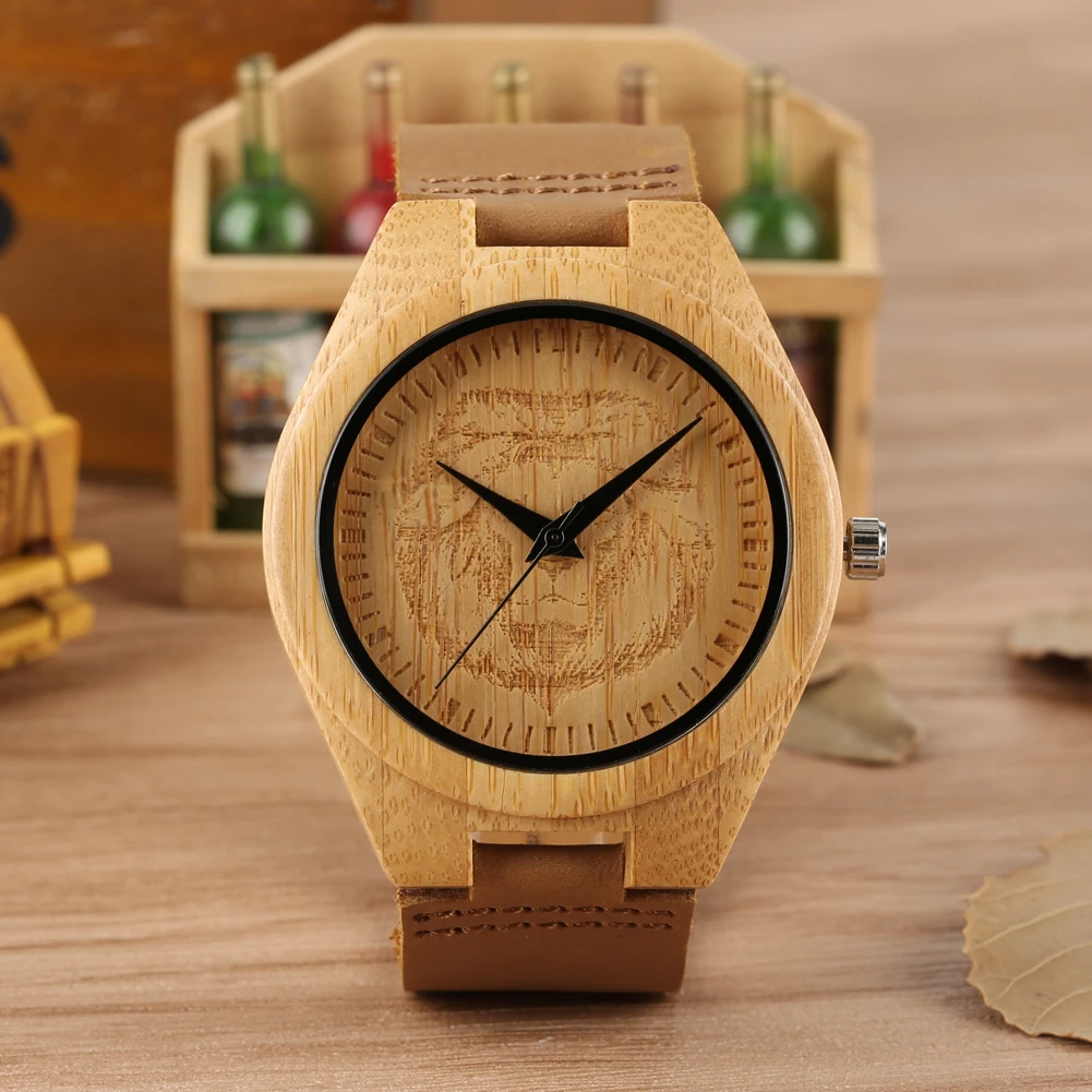 

Minimalist Men's Wooden Watch Specila Pin Tree for Boys Big Dial Quartz Movement Leather Bamboo Wood Wristwatch for Teenager