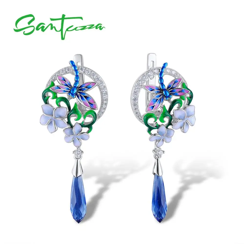 SANTUZZA, серебряные серьги для женщин, 925 пробы, серебро, нежная стрекоза, цветок, висячие серьги, модное ювелирное изделие, ручная работа, эмаль