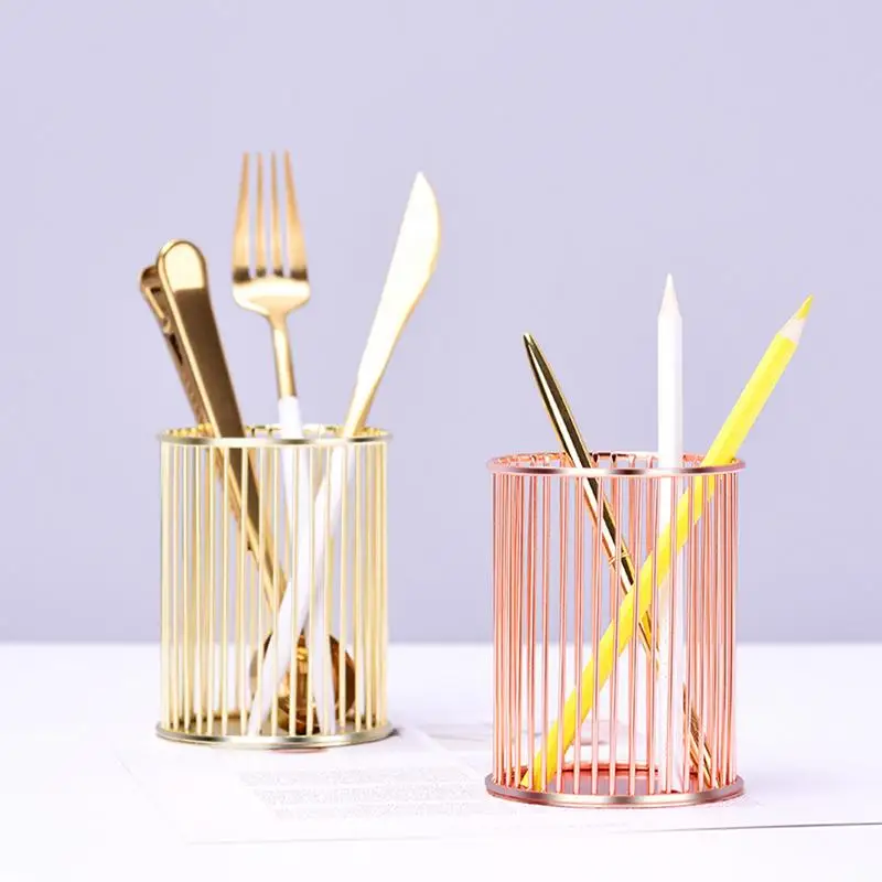 Container Iron Pen Holder Mutifunctional Storage Baskets Rose Gold Basket Desktop Durable Organizer For Office | Дом и сад