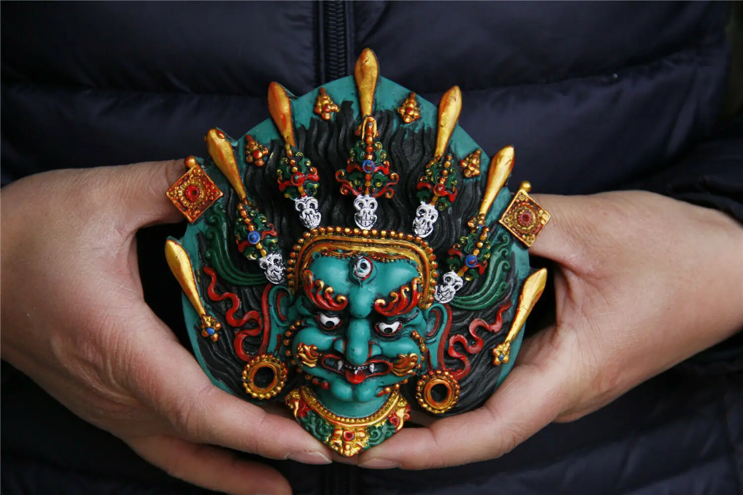 Tibet Buddhism Turquoise Gilt Sword Skull Mahakala Mask Statue