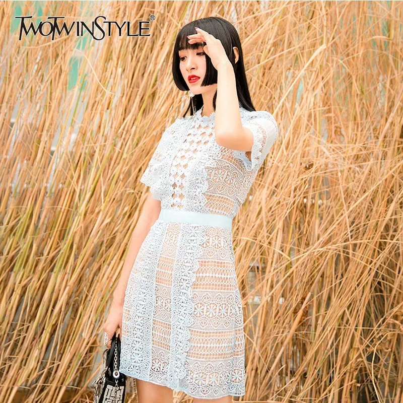 TWOTWINSTYLE элегантные вечерние кружевные платья женские с круглым вырезом и