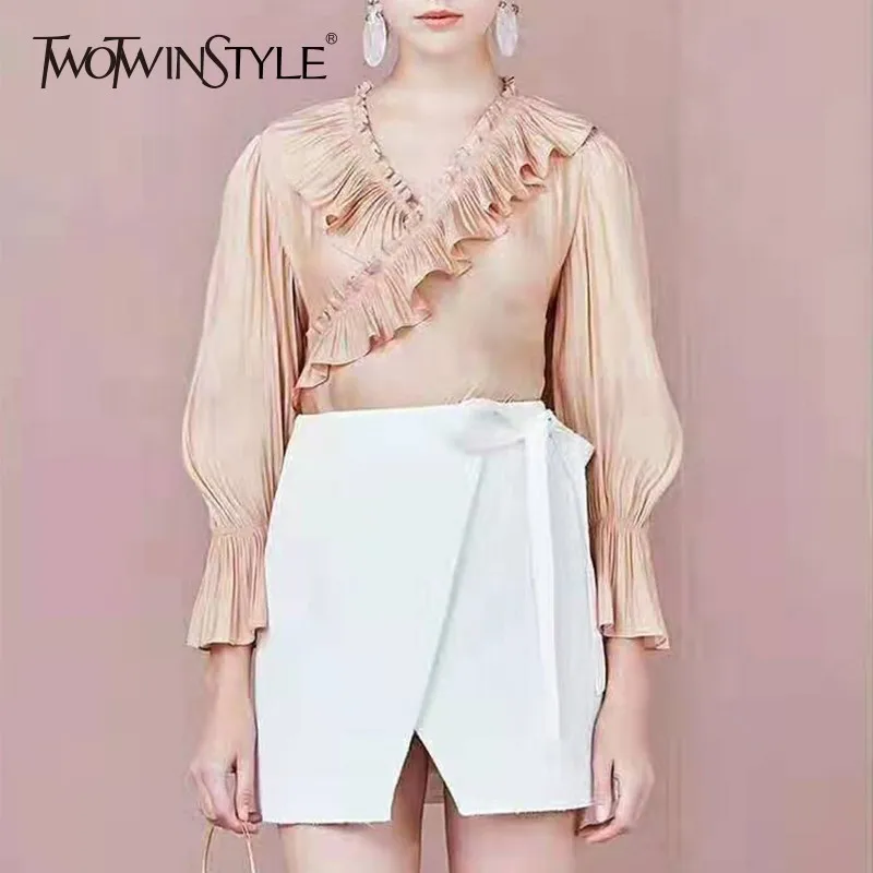 TWOTWINSTYLE розовые расклешенные женские шифоновые рубашки с длинными рукавами