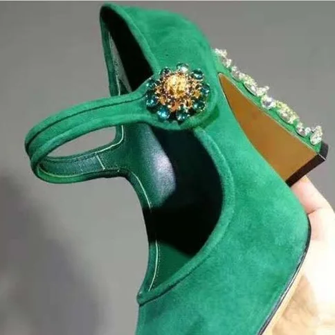 

Retro Velour Mary Janes Beading Flower Button Beading Heel Formal Party Shoes Women Plus Size 43