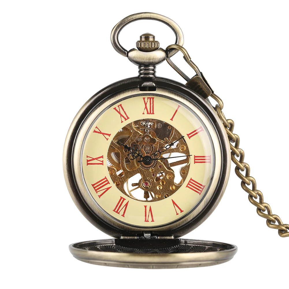 Bronze Carved Pocket Watch for Men Mechanical Movement Boys Golden Frame Hollow Roman Numeral Watches | Наручные часы
