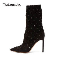 black suede pointed toe high heel mid calf boots women stiletto short booties crystals ladies slip on winter shoes big size 2021