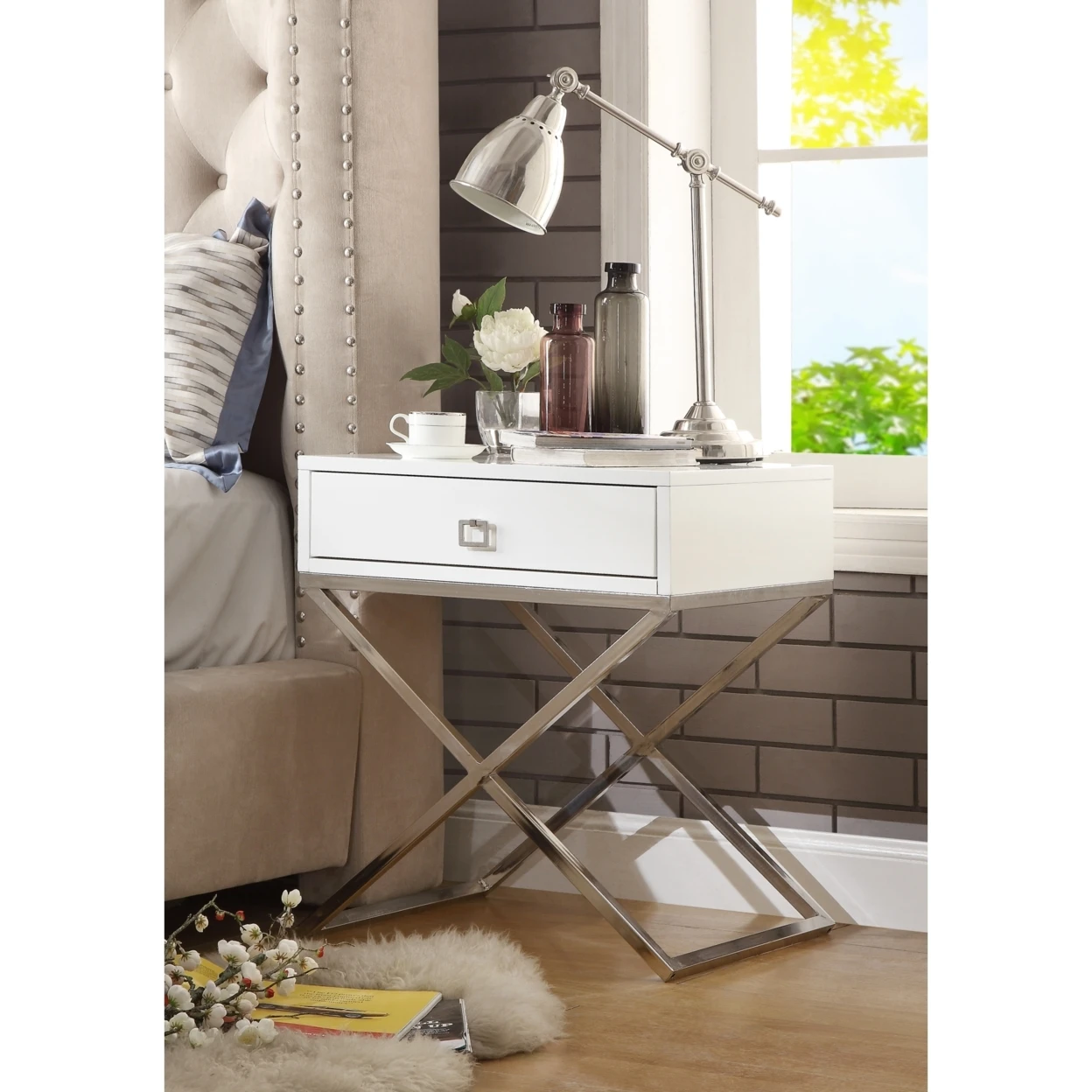 Jesse Lacquer Finish Nightstand | Steel Base Side Table Modern Inspired Home Мебель