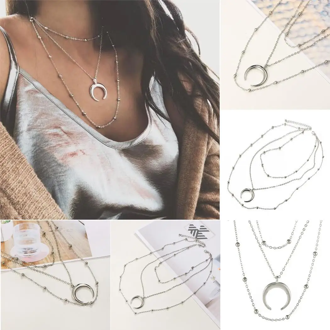 Women Fashion Retro Three Layers Moon Pendant Necklace Casual Lobster Buckle Link Chain Silver | Украшения и аксессуары