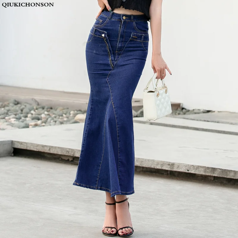 

England Style High Waist Women Long Skirt 2019 Summer Irregular Casual Pencil Skirt Ladies Bodycon Mermaid Denim Skirt Jupe Jean