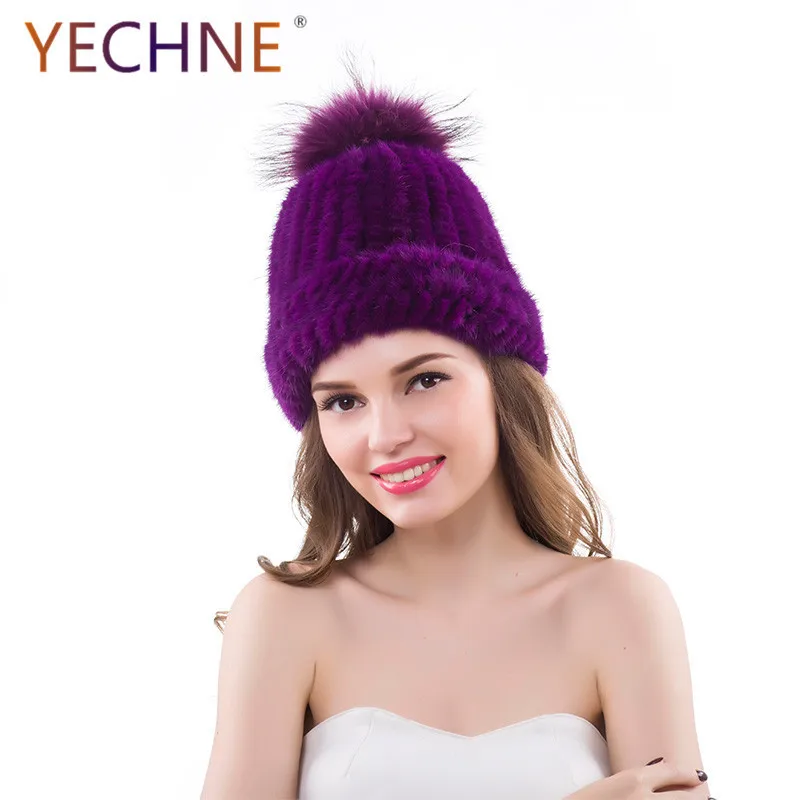 Женская зимняя вязаная шапка YECHNE из натурального меха норки|Женские Skullies и