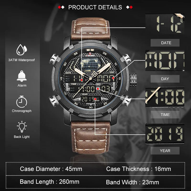 NAVIFORCE часы для мужчин роскошный цифровой хронограф аналоговые спортивные