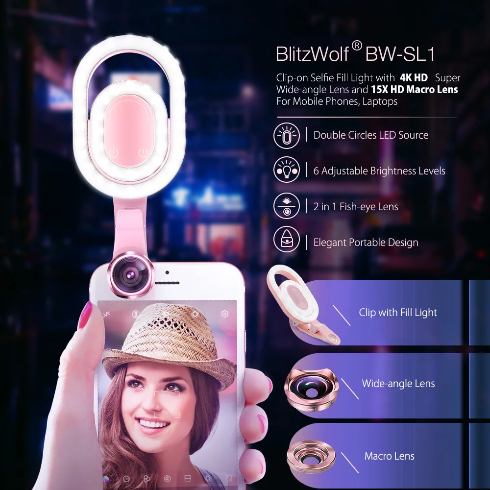 BlitzWolf BW-SL1 3 в 1 умный селфи заполняющий двойной круг светодиодный свет с 4K HD супер