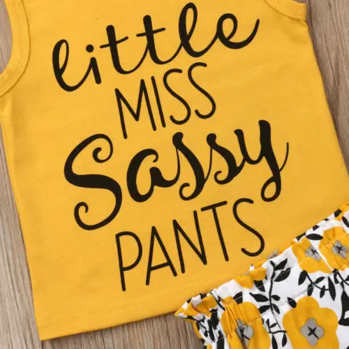 Летние топы для маленьких мальчиков с принтом Sassy Miss Yellow футболка + штаны модная