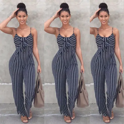 Sexy Women Navy Stripe Short Sleeves Jumpsuit Bodycon Slim Trousers Romper | Женская одежда