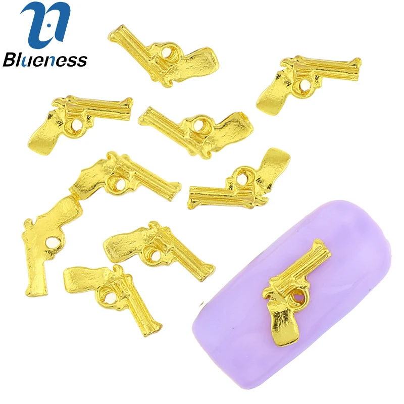 Blueness 10 шт/партия 3D пистолет дизайн ногтей украшения Мода DIY Блестки золото сплав