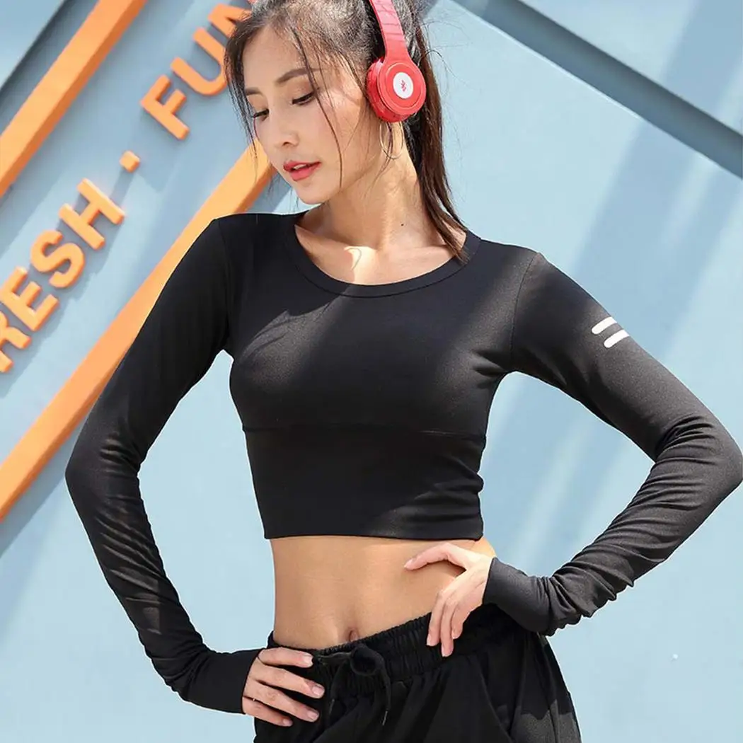 Women Casual Round Neck Long Sleeve Reflective All Seasons Causal Crop Top Solid Slim Black Shirt | Женская одежда