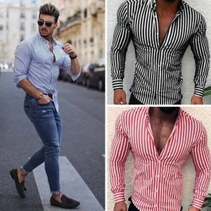 Модная мужская рубашка в полоску с длинным рукавом, европейский стандарт, приталенные Формальные Топы, весна, три цвета, мужская рубашка