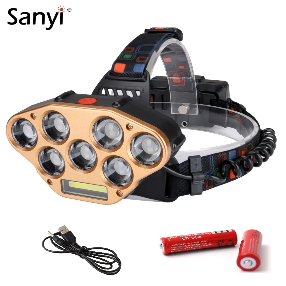 Sanyi 7 * LED + 1 COB светодиодный налобный фонарь Перезаряжаемый USB 18650 для кемпинга