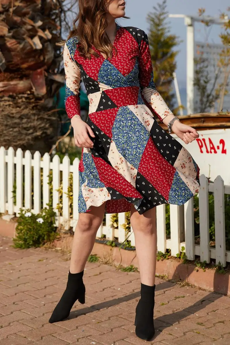 Женское двубортное платье с квадратным узором Xhan 9KXK6-40617-02 | Женская одежда