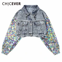 chicever autumn denim jacket for women coat female patchwork sequins long sleeve short womens coats clothes fashion casual new