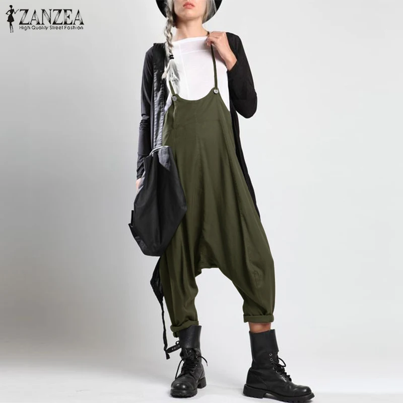 Fashion ZANZEA Women Summer Strappy Solid Drop Crotch Jumpsuits Casual Loose Playsuits Rompers Ladies Party Suspenders Overalls |