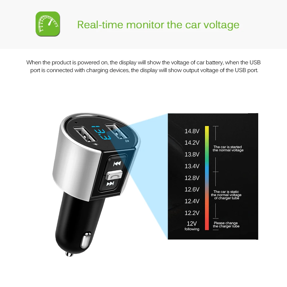 Powstro Bluetooth MP3 Player Car FM Transmitter Wireless Radio Adapter Dual USB Charger Support U Disk Music Play with Voltmeter |
