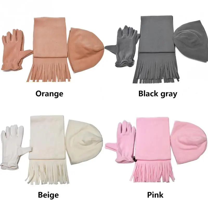 3 шт. зимняя теплая женская шапка шарф перчатки Набор Мода сплошной цвет Флисовая