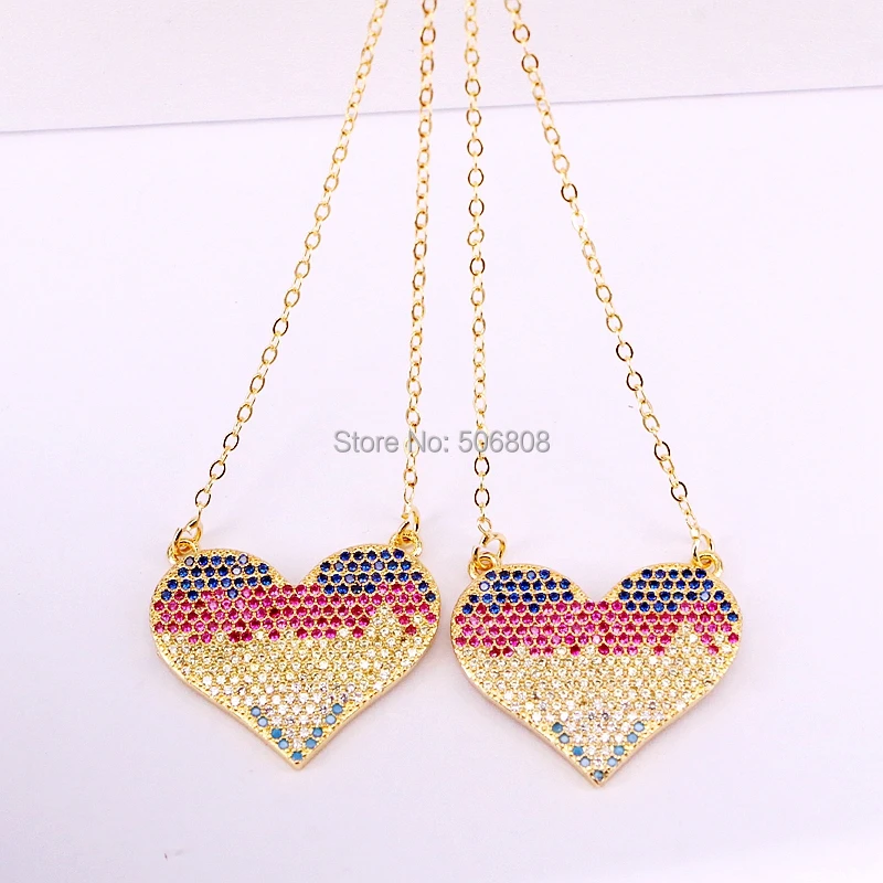 

6PCS ZYZ-N2759 CZ Micro Pave Rainbow Multi Color Heart Shape Pendant, Gold Color Cubic Zirconia Pendant/Charm