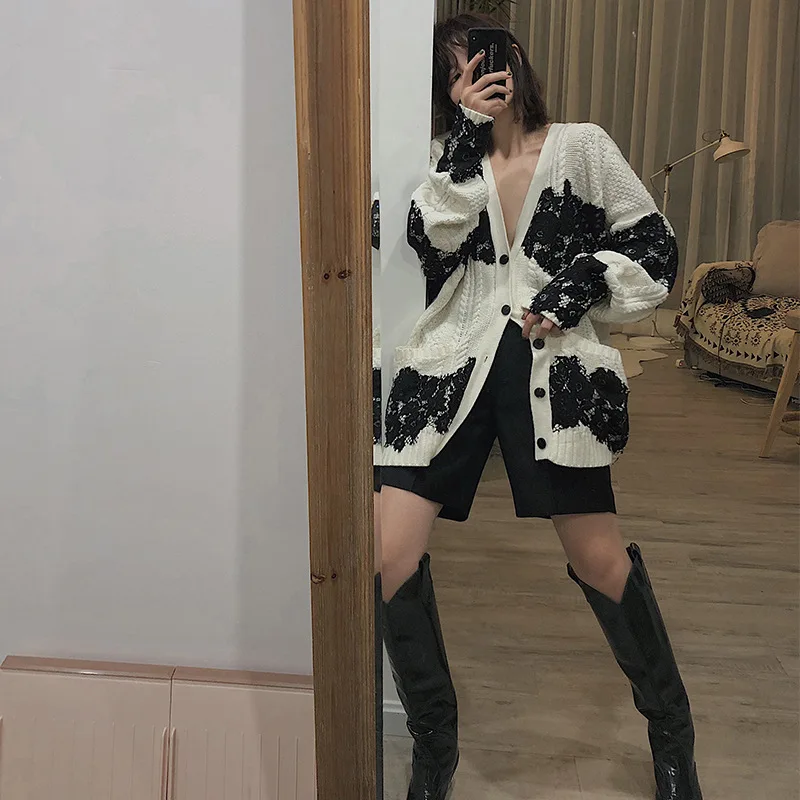 DEAT 2020 new summer fashion women clothes Lace Sweater Cardigan deep V-neck loose single breasted open stitch knits WF08300L |