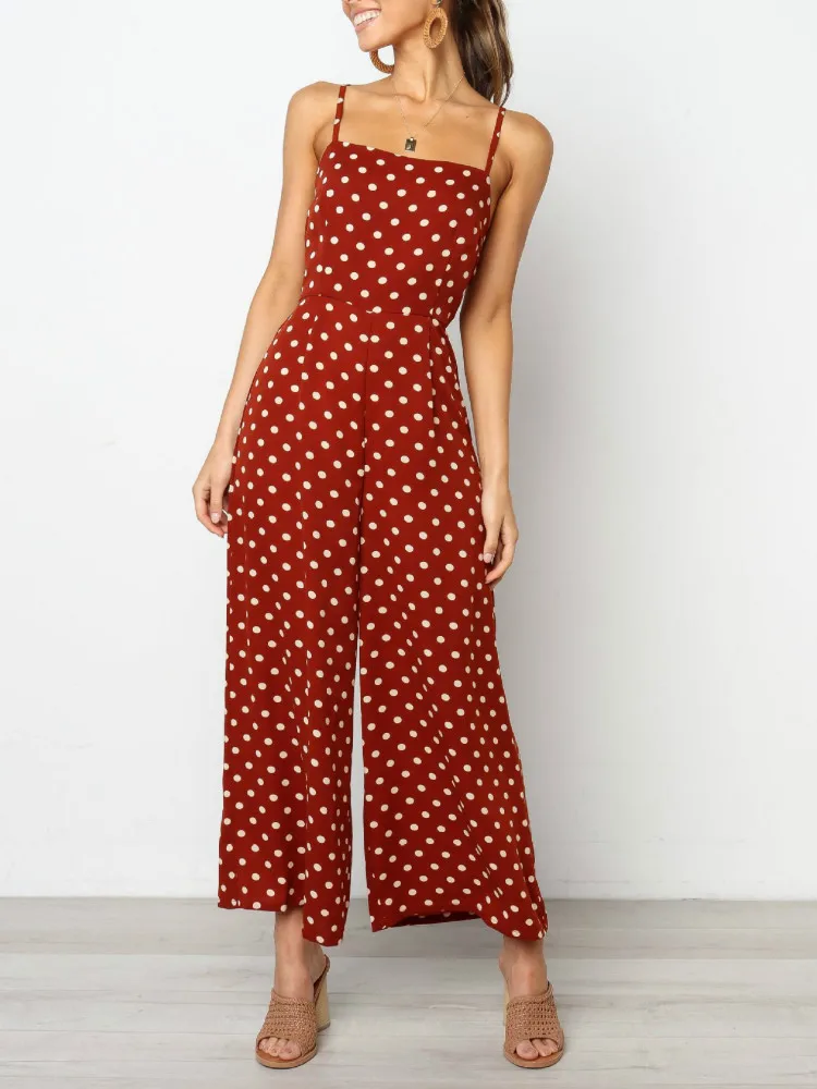 

Elegant Polka Dot Jumpsuit Women Casual Bib Pants Wide Leg Spaghetti Strap 2019 Summer Spring Female Fashion Girl Bow Tie Romper