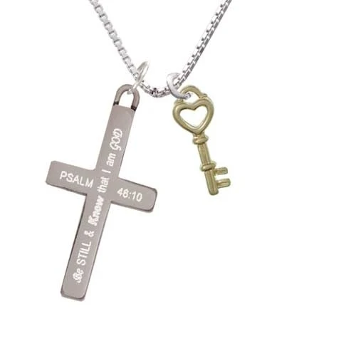 Open Gold-colored Tone Heart Key - Be Still And Know Cross Necklace | Украшения и аксессуары