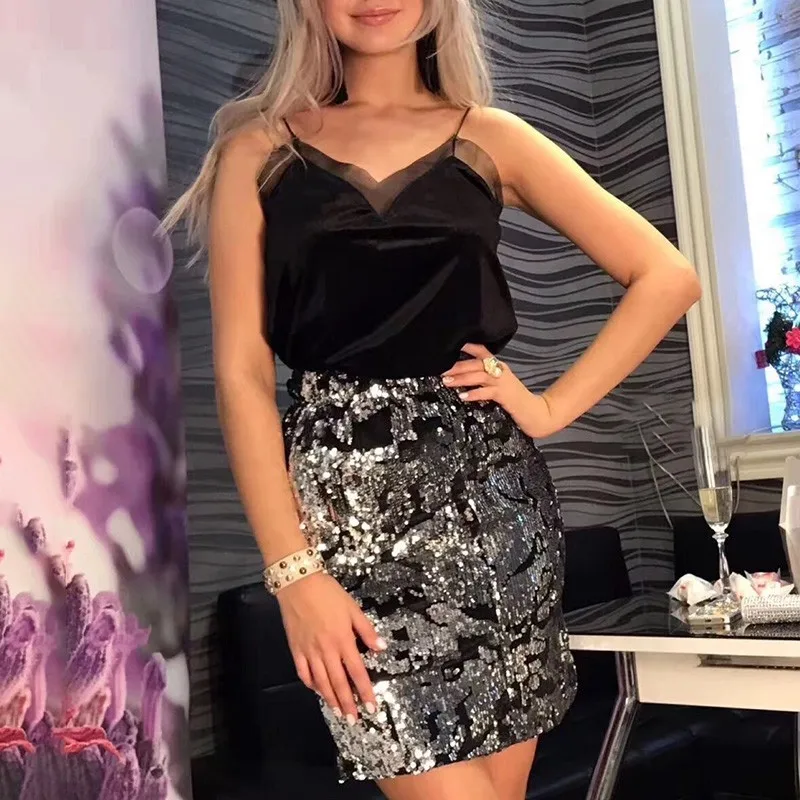 TWOTWINSTYLE с крупными блестками Лоскутная юбка Женская высокая талия мини юбки