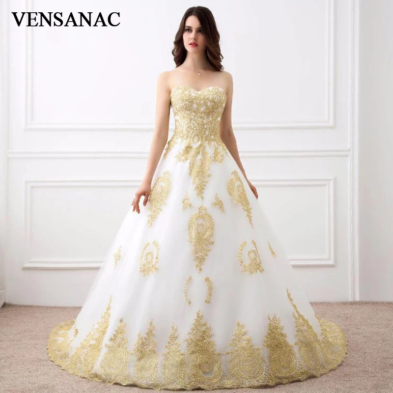 

VENSANAC без бретелек золотые кружевные аппликации бальное платье Свадебные платья с открытыми плечами развертки поезд Свадебные платья с глу...