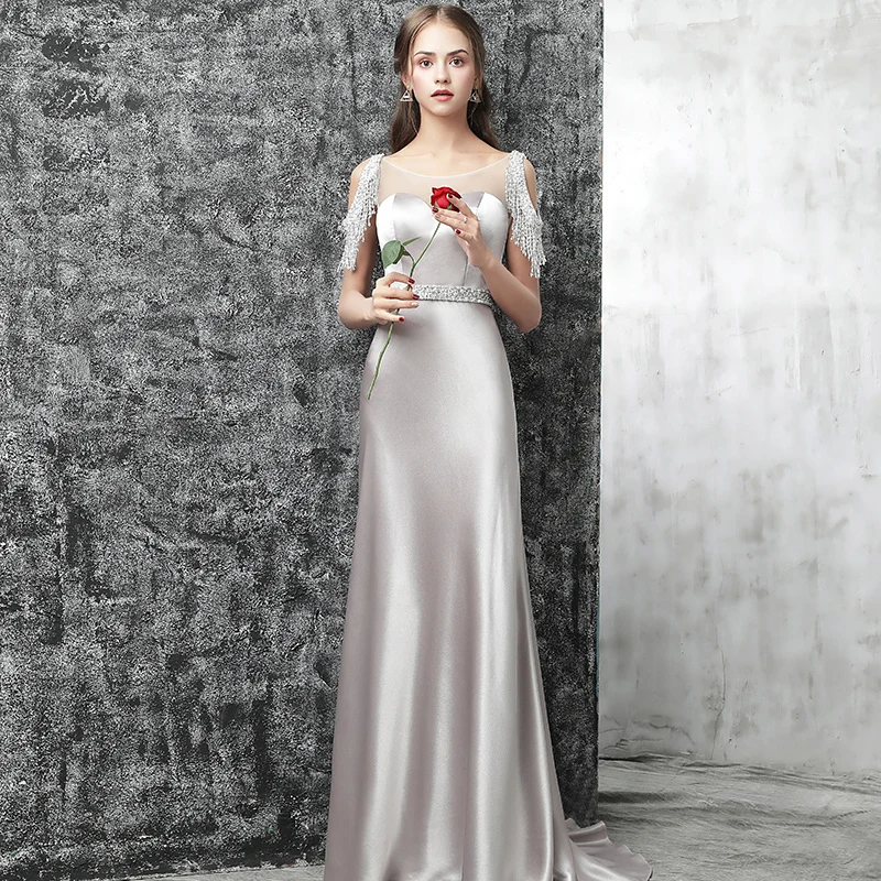Женское вечернее платье Vivian's Bridal серебристое длинное с блестками и кисточками