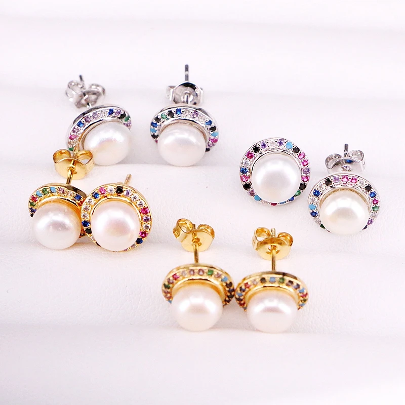 

6 Pairs ZYZ339-2894 Fashion Jewelry Color rainbow cz pearl Geometric Round With pearl Beads Stud Earrings Gift For Women Girl