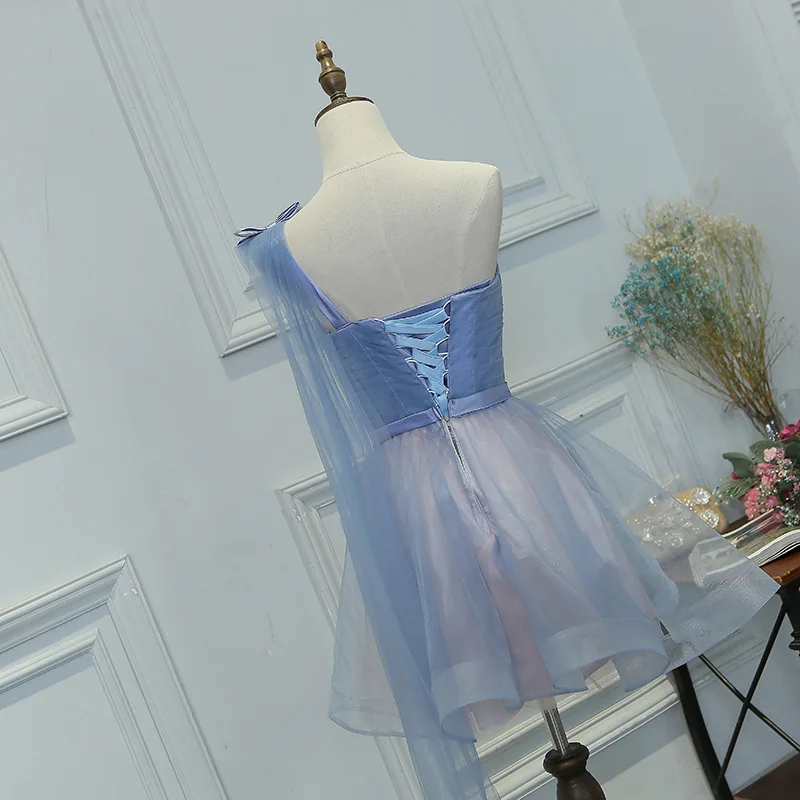 Simple One Shoulder Pleats Lace Up Vestidos De Festa Tulle Backless Mini Bridesmaid Dresses Sleeveless Party Gowns | Свадьбы и