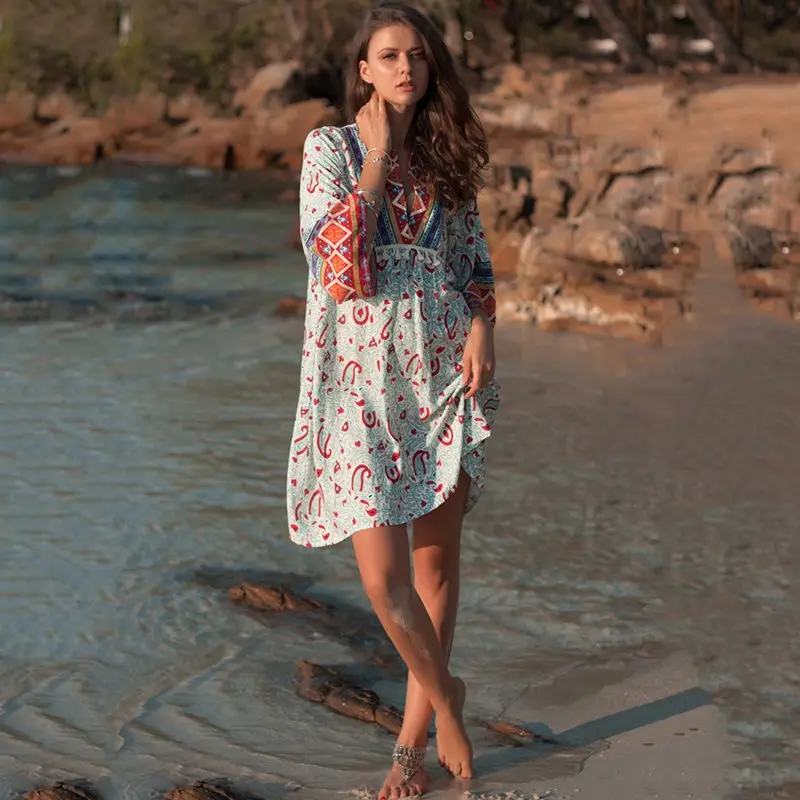 Для женщин модный принт платья для Boho Этническая Стиль Весна Путешествия