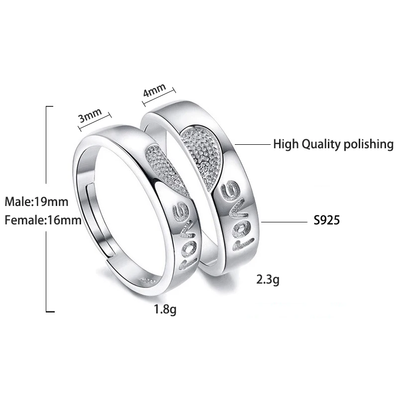 Trendy Wedding Rings 925 Sterling Sliver Couple for Women Men Love Heart Shape Engagement Ring Jewelry Bijoux JN0370 | Украшения и