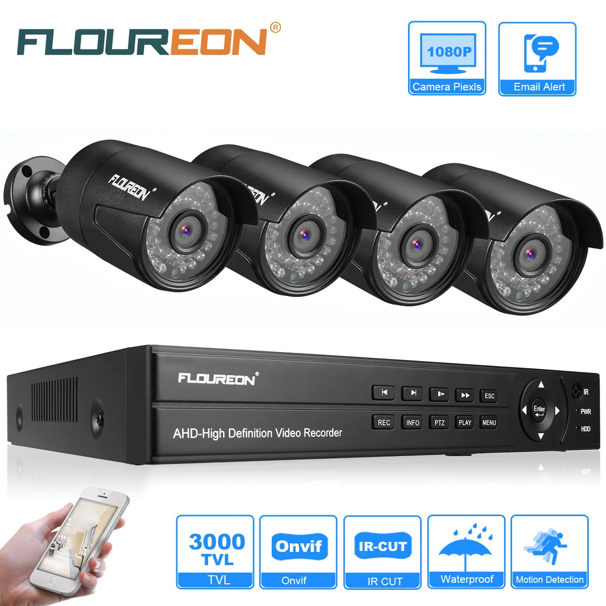 Floureon 1 X 8CH 1080P 1080N AHD DVR + 4 Открытый 3000TVL 2.0MP камера безопасности комплекты США